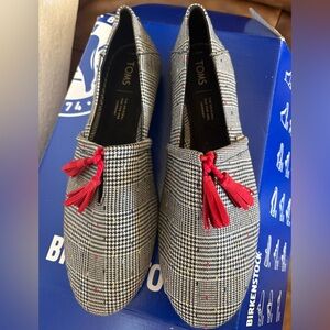 TOMS Houndstooth Loafers with Red Tassels